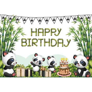 Laeacco Happy Birthday Pozadie Cartoon Panda Borovicového Lesa Koláče Baby Sprcha Deti Portrét Vlastnú Fotografiu Na Pozadí