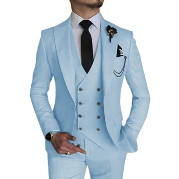Najnovšie Sky Blue Mužov, Svadobné Obleky, Kostýmy Homme Vrchol Klope Ženícha Tuxedos Najlepší Muž Prom Sako 3 Ks Business Terno Masculino